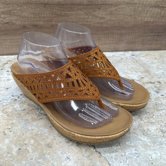 Skechers Beverlee Sandals Womens Size 10 Tan Thong Wedge Cork Luxe Foam - Picture 1 of 14